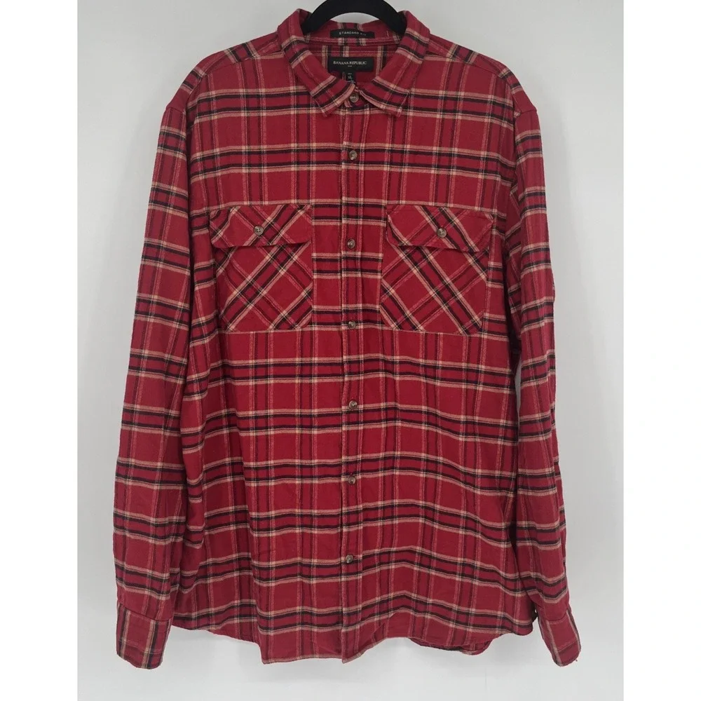 Banana Republic Mens Flannel‎ Chore Shirt Red Plaid Cotton Work Shacket XL  Tall